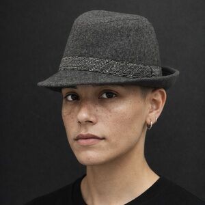 Vintage 100% Wool Grey Fedora Hat w Herringbone Band | Asymmetrical Rim